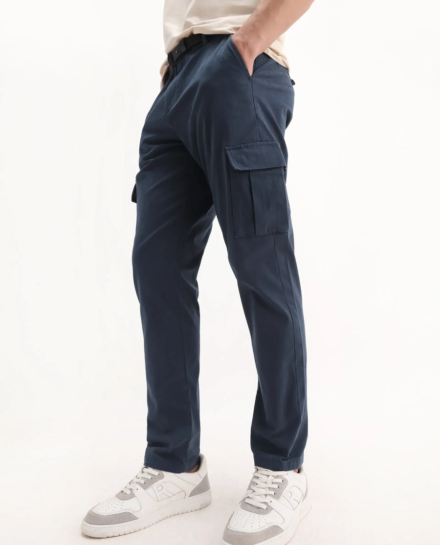 Rare Rabbit Men's Apex Navy Linen Blend Plain Regular Fit Trouser