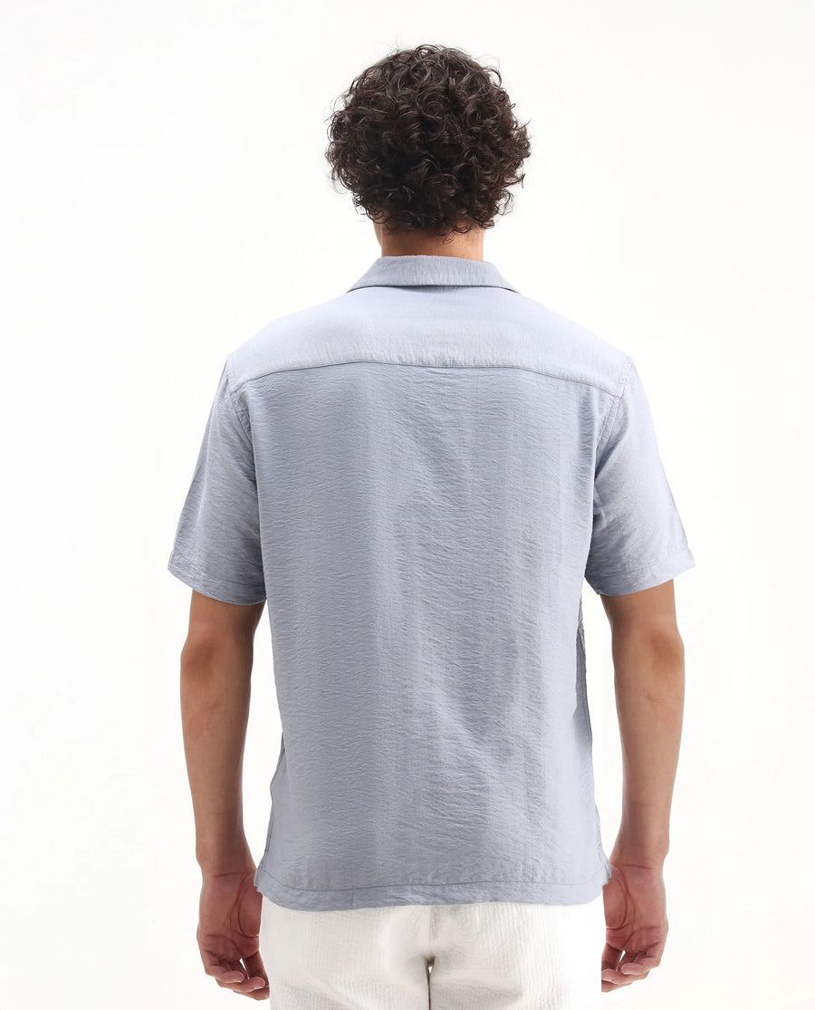 Rare Rabbit Men's Aphet Blue Cotton Embroidered Relaxed Fit Half Sleeve Cuban Collar Shirt