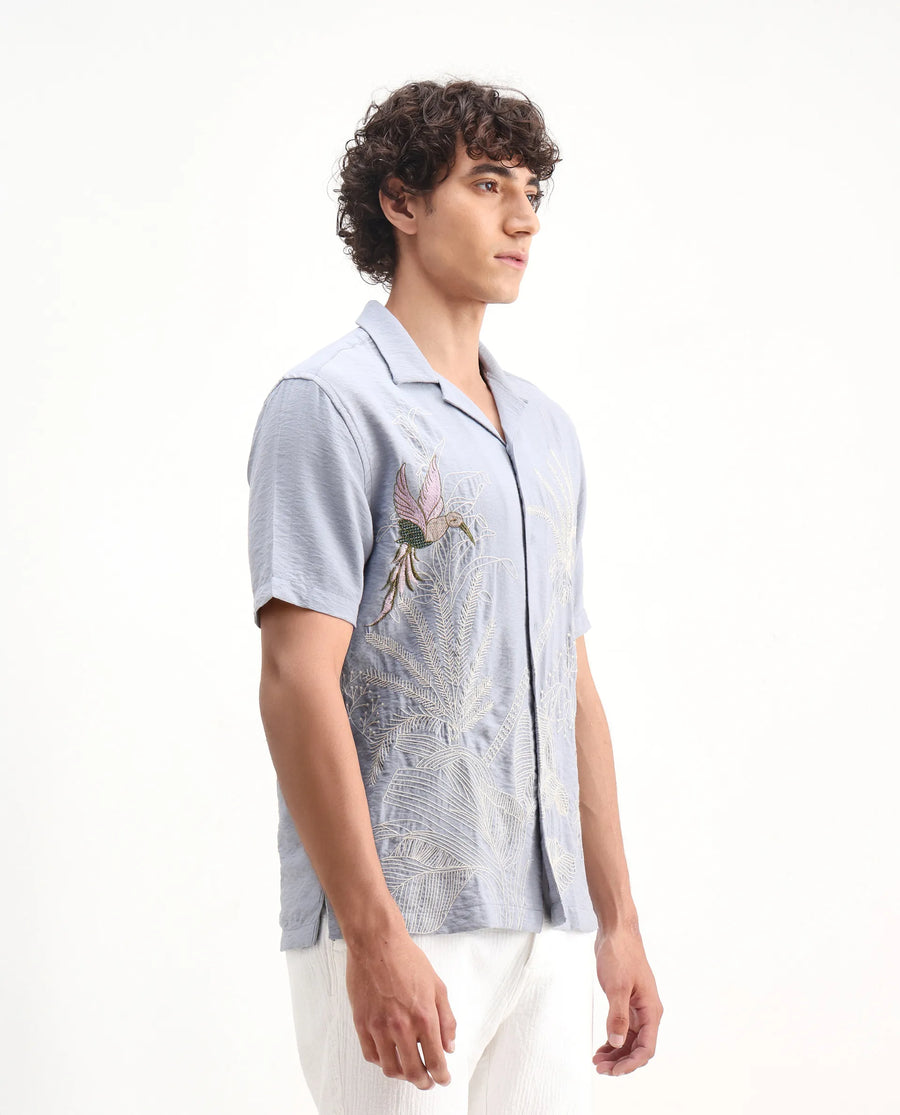 Rare Rabbit Men's Aphet Blue Cotton Embroidered Relaxed Fit Half Sleeve Cuban Collar Shirt