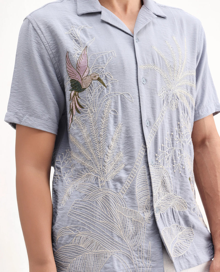 Rare Rabbit Men's Aphet Blue Cotton Embroidered Relaxed Fit Half Sleeve Cuban Collar Shirt
