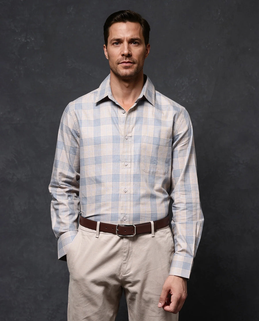 Rare Rabbit Men's Aporo Beige Cotton Checked Print Regular Fit Full Sleeve Collared Shirt