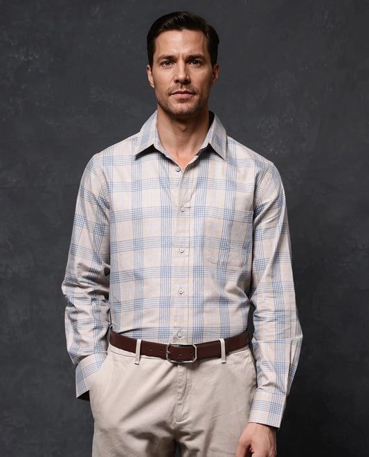 Rare Rabbit Men's Aporo Beige Cotton Checked Print Regular Fit Full Sleeve Collared Shirt