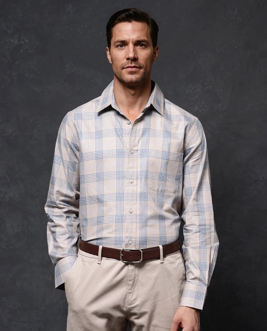 Rare Rabbit Men's Aporo Beige Cotton Checked Print Regular Fit Full Sleeve Collared Shirt