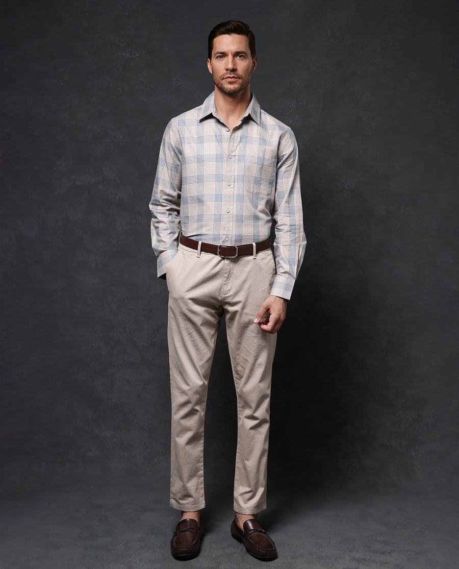 Rare Rabbit Men's Aporo Beige Cotton Checked Print Regular Fit Full Sleeve Collared Shirt