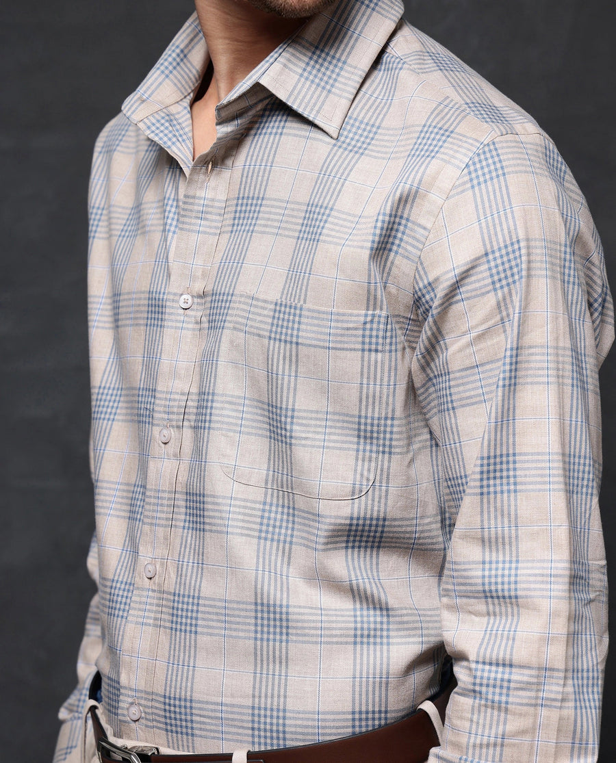 Rare Rabbit Men's Aporo Beige Cotton Checked Print Regular Fit Full Sleeve Collared Shirt