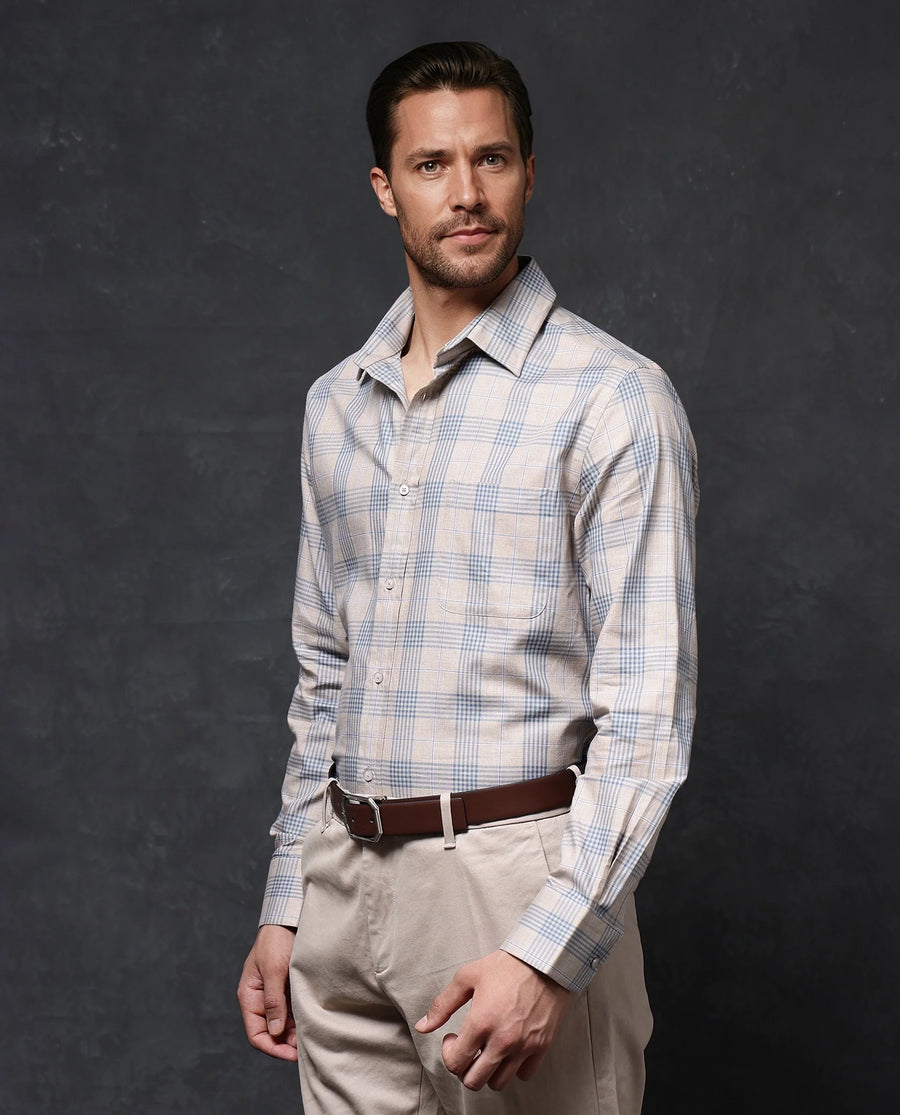 Rare Rabbit Men's Aporo Beige Cotton Checked Print Regular Fit Full Sleeve Collared Shirt