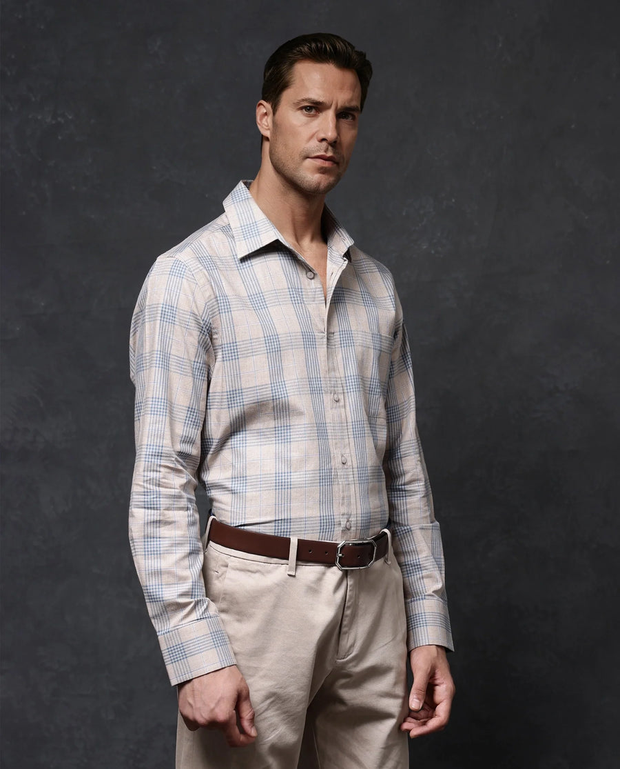 Rare Rabbit Men's Aporo Beige Cotton Checked Print Regular Fit Full Sleeve Collared Shirt