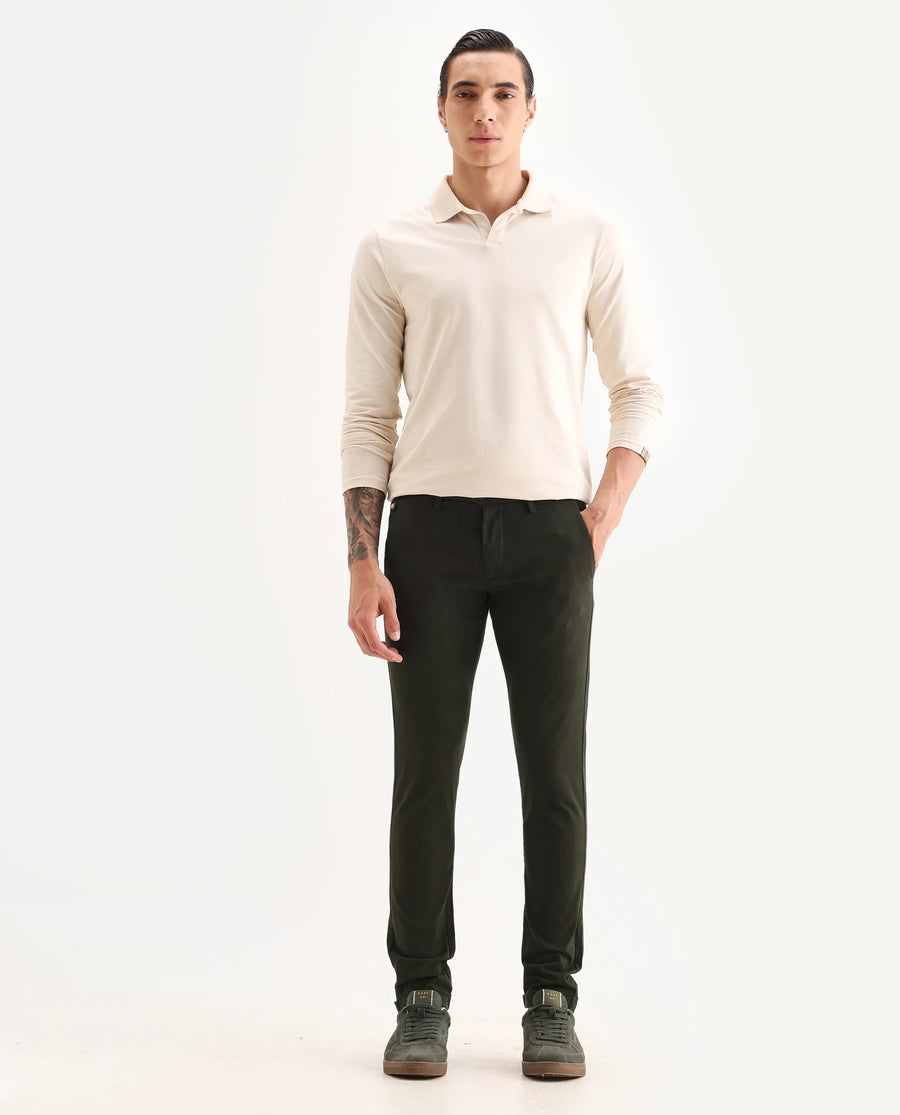Rare Rabbit Men's Aps Dark Green Cotton Plain Regular Fit Trouser