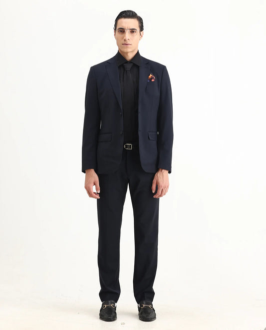 Rare Rabbit Men's Arbo-B Navy Cotton Plain Slim Fit Full Sleeve Lapel Neck Suits
