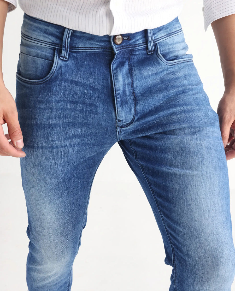 Rare Rabbit Men's Arbok Blue Cotton Plain Hawk Slim Fit Jeans