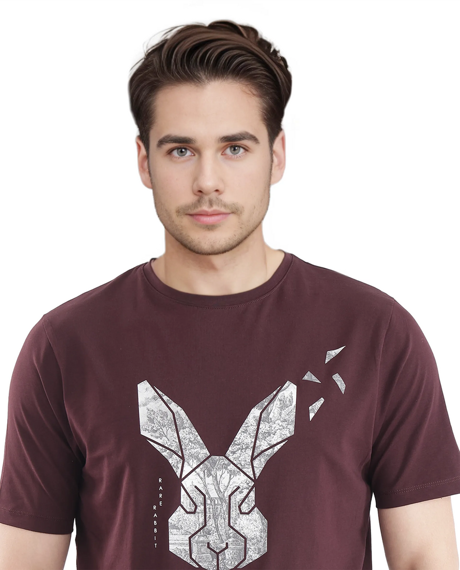 Rare Rabbit Men's Arbor-1 Maroon Cotton Graphic Print Regular Fit Half Sleeve Crew Neck T-Shirt