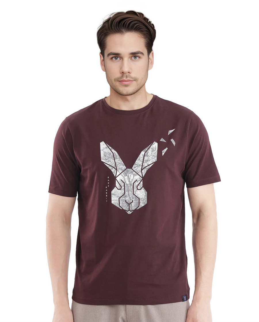 Rare Rabbit Men's Arbor-1 Maroon Cotton Graphic Print Regular Fit Half Sleeve Crew Neck T-Shirt