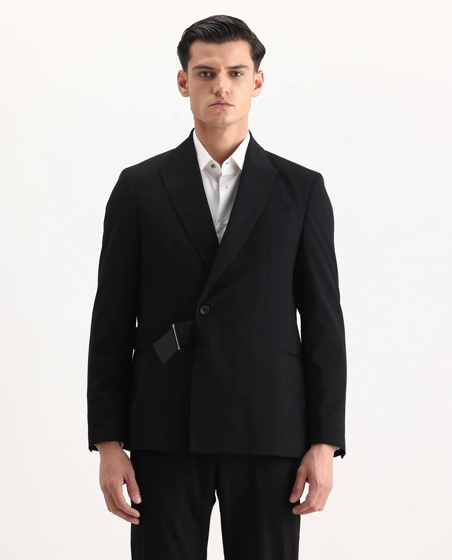 Rare Rabbit Men's Arcade Black Polyester Blend Fabric Full Sleeve Lapel Neck Plain Blazer