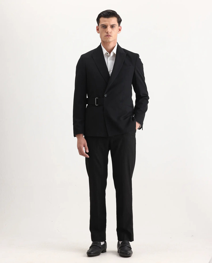 Rare Rabbit Men's Arcade Black Polyester Blend Fabric Full Sleeve Lapel Neck Plain Blazer