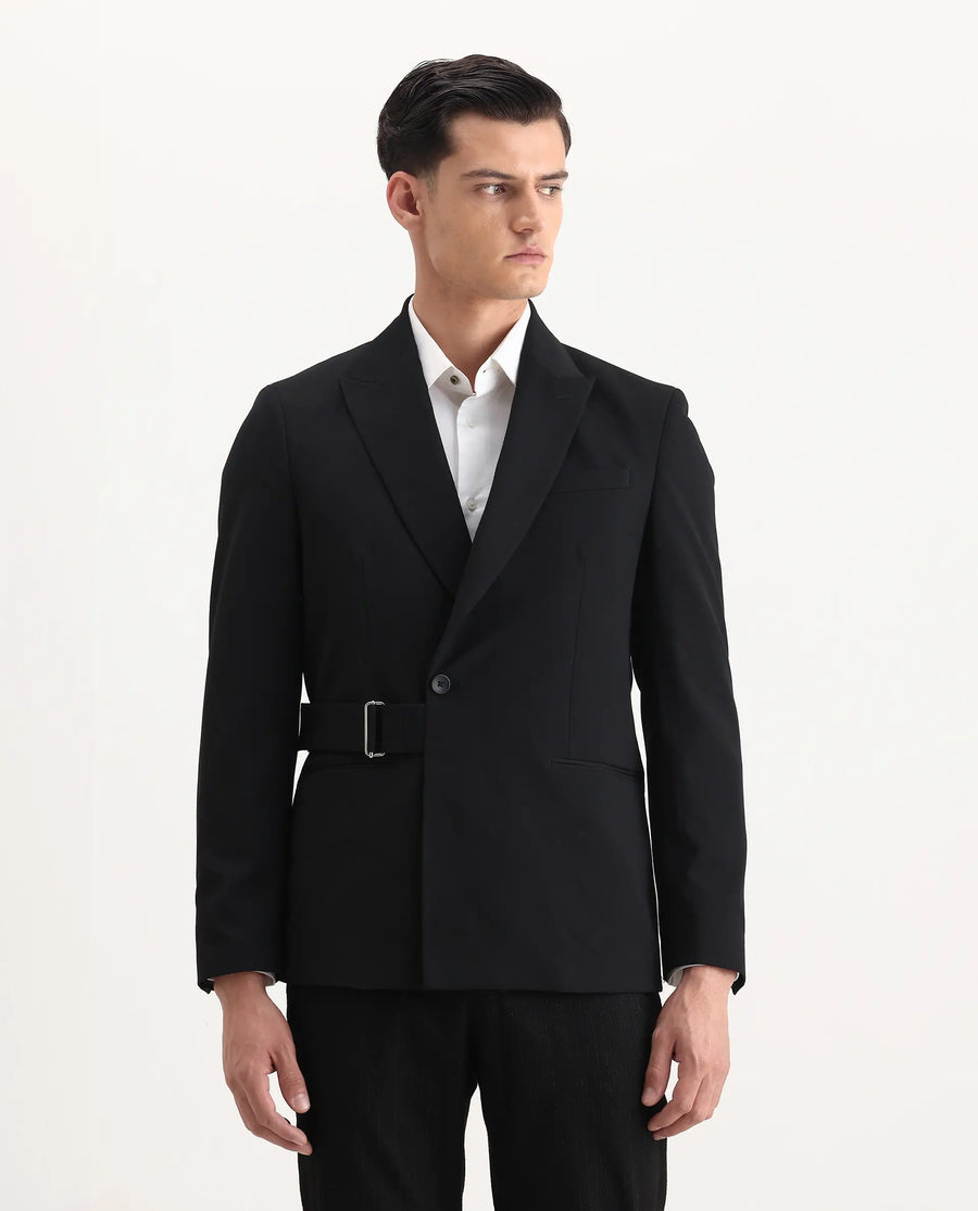 Rare Rabbit Men's Arcade Black Polyester Blend Fabric Full Sleeve Lapel Neck Plain Blazer