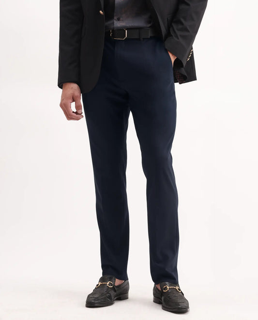 Rare Rabbit Men's Arcade Dark Navy Polyester Plain Regular Fit Trouser