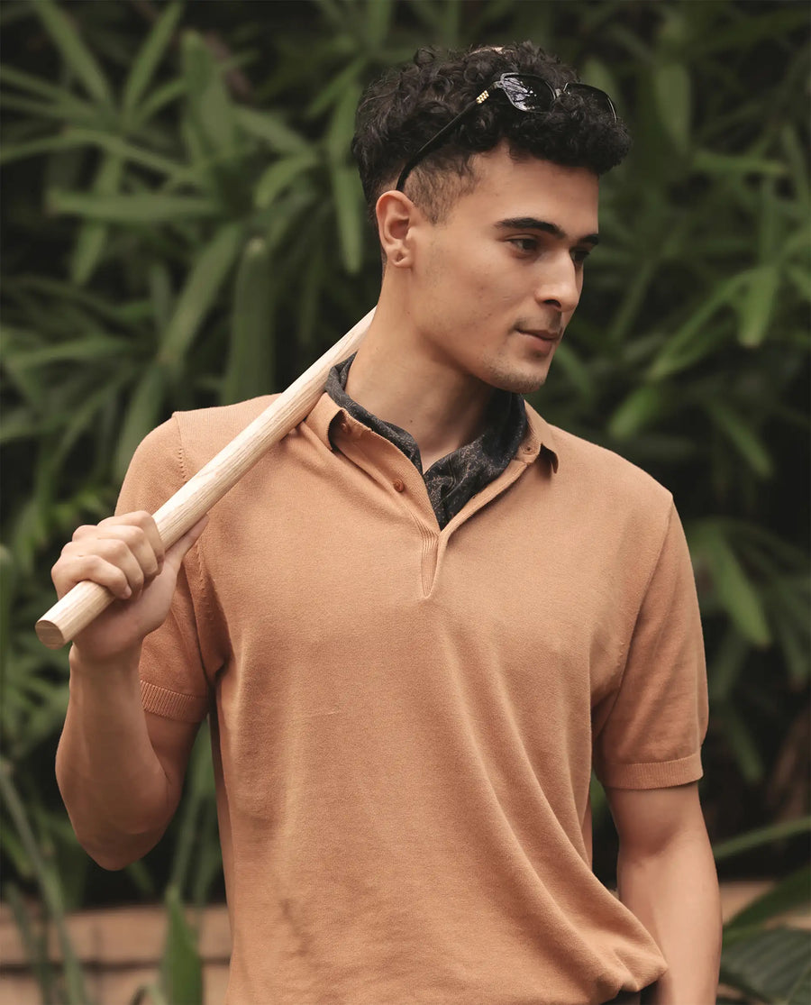 Rare Rabbit Men's Arc Dusky Orange Cotton Fabric Half Sleeve Spread Collar Regular Plain Polo