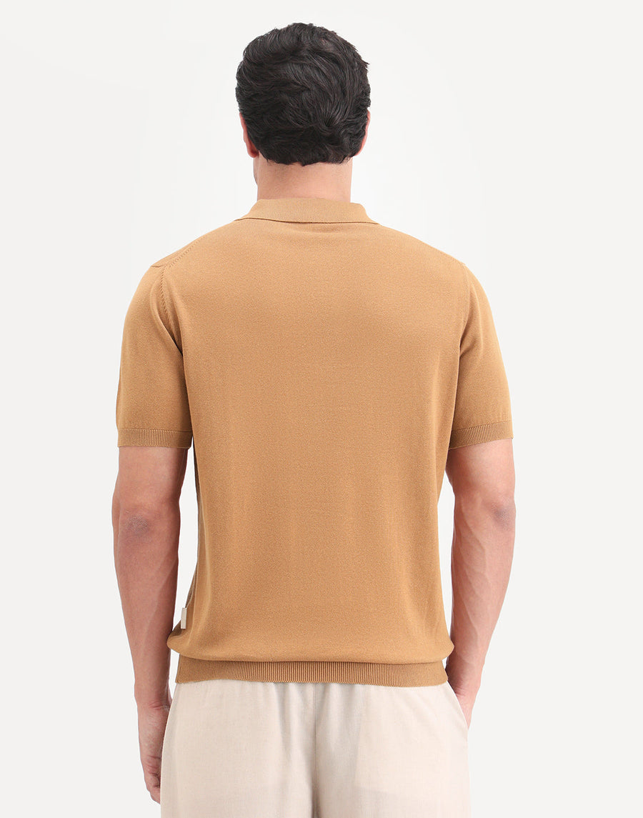 Rare Rabbit Men's Arc Dusky Orange Cotton Fabric Half Sleeve Spread Collar Regular Plain Polo