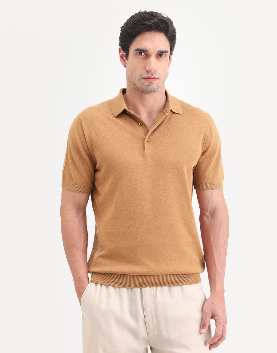 Rare Rabbit Men's Arc Dusky Orange Cotton Fabric Half Sleeve Spread Collar Regular Plain Polo