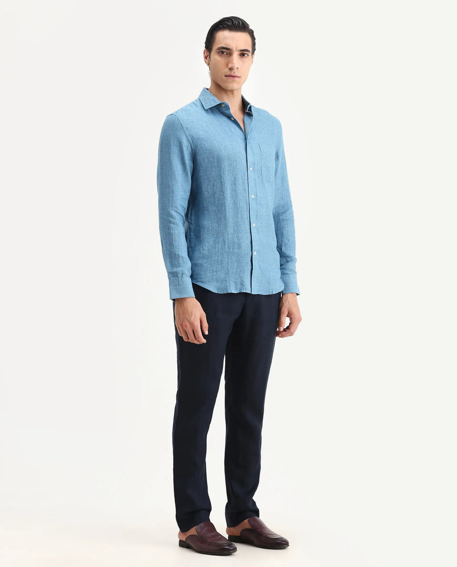 Rare Rabbit Men's Arcelo-2 Navy Linen Plain Regular Fit Trouser
