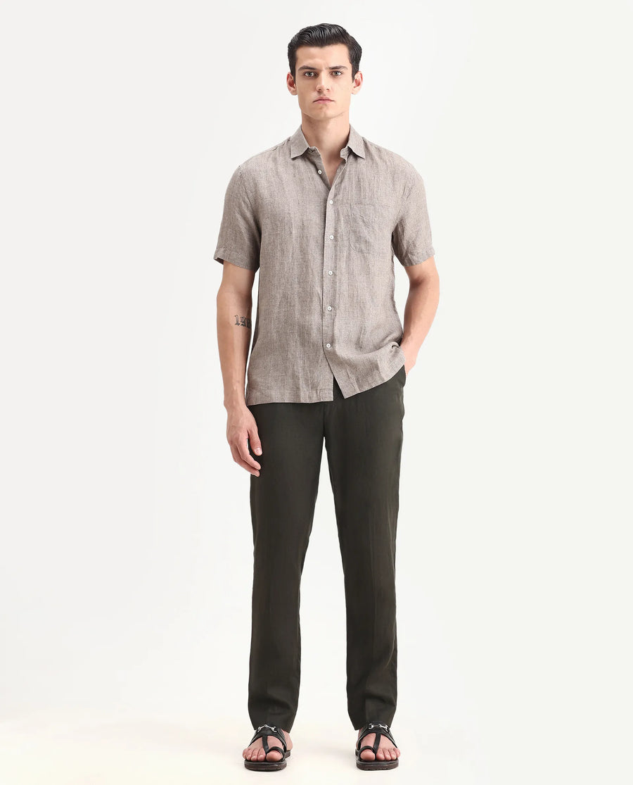 Rare Rabbit Men's Arcelo-2 Olive 100% Linen Plain Regular Fit Trouser