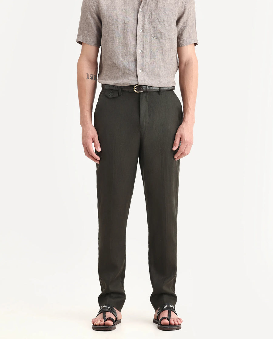Rare Rabbit Men's Arcelo-2 Olive 100% Linen Plain Regular Fit Trouser