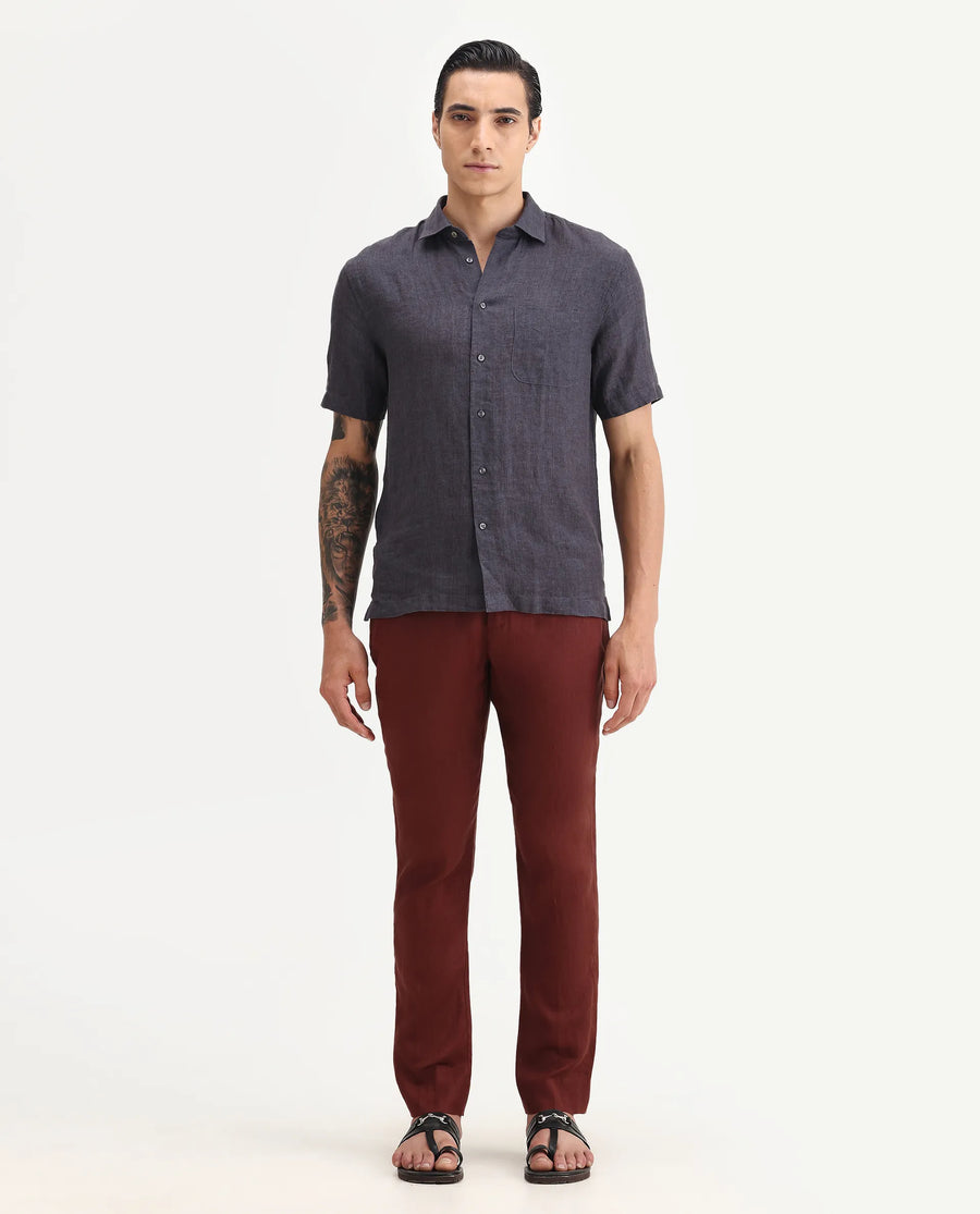 Rare Rabbit Men's Arcelo-2 Rust 100% Linen Plain Regular Fit Trouser