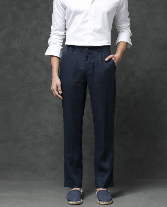 Rare Rabbit Men's Arcelo Navy Linen Plain Regular Fit Trouser