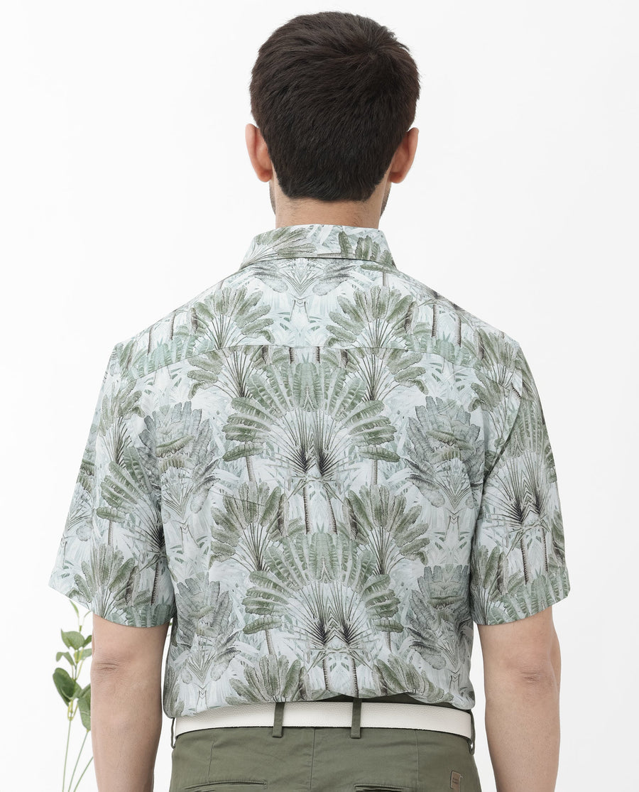 Rare Rabbit Men's Areno Light Green Viscose Tropical Print Boxy Fit Half Sleeve Collared Shirt