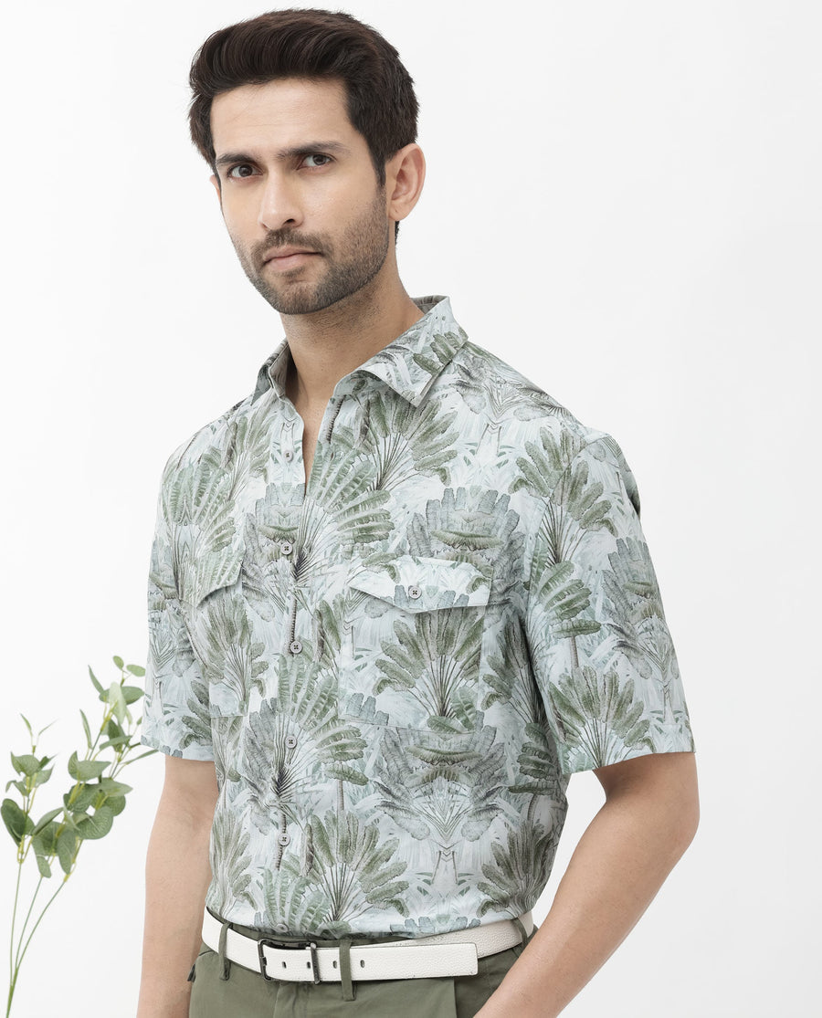 Rare Rabbit Men's Areno Light Green Viscose Tropical Print Boxy Fit Half Sleeve Collared Shirt