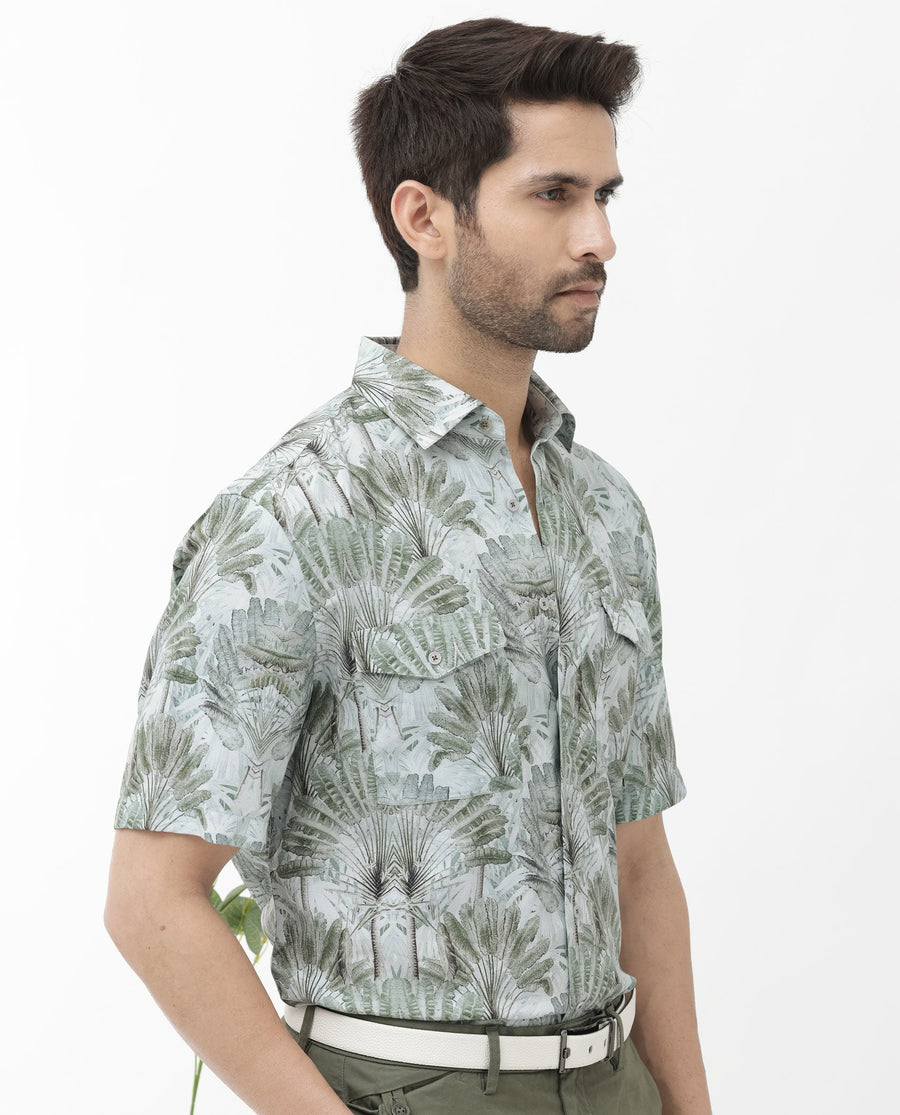 Rare Rabbit Men's Areno Light Green Viscose Tropical Print Boxy Fit Half Sleeve Collared Shirt