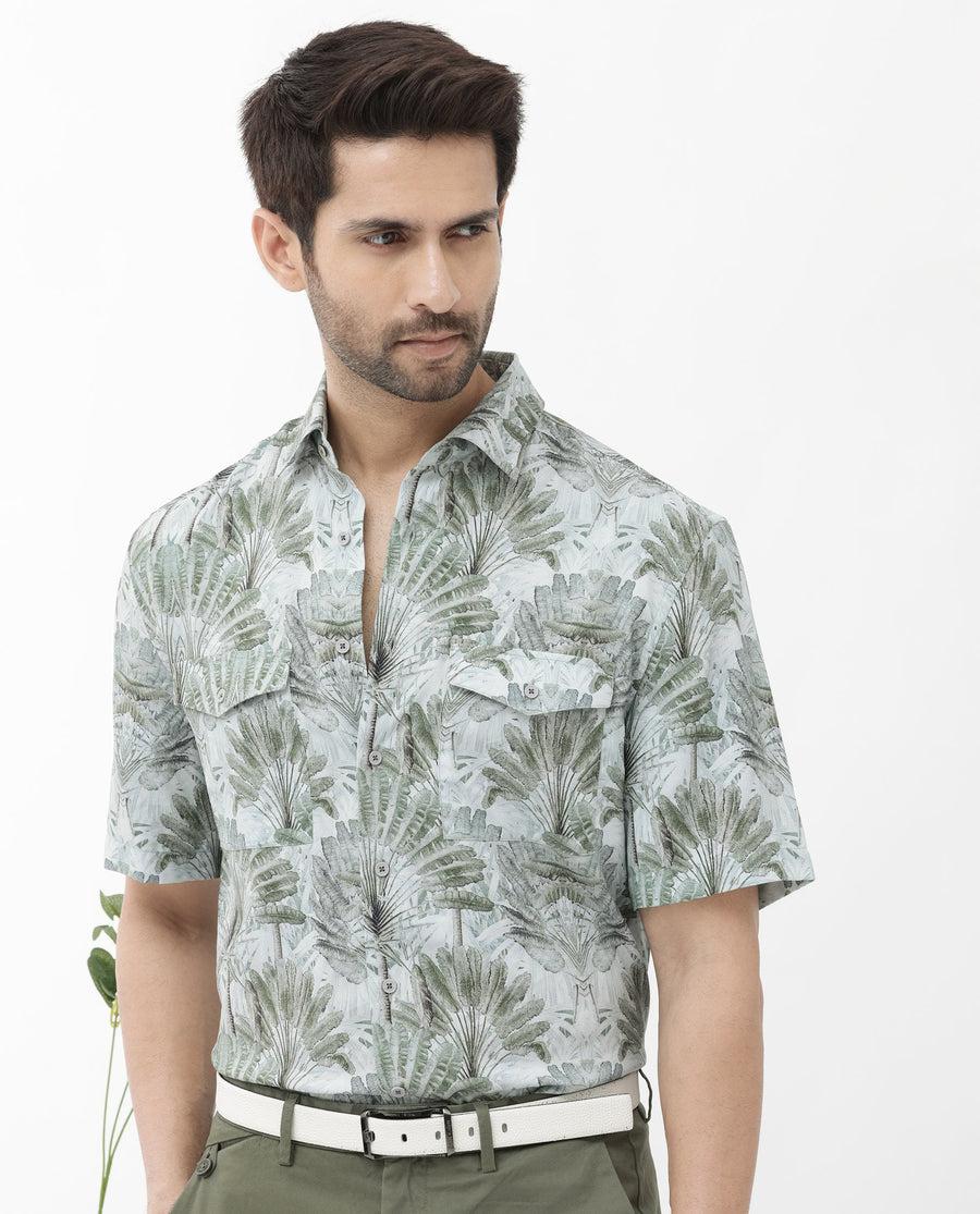 Rare Rabbit Men's Areno Light Green Viscose Tropical Print Boxy Fit Half Sleeve Collared Shirt