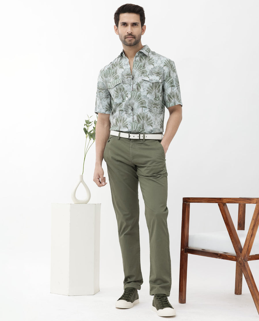 Rare Rabbit Men's Areno Light Green Viscose Tropical Print Boxy Fit Half Sleeve Collared Shirt