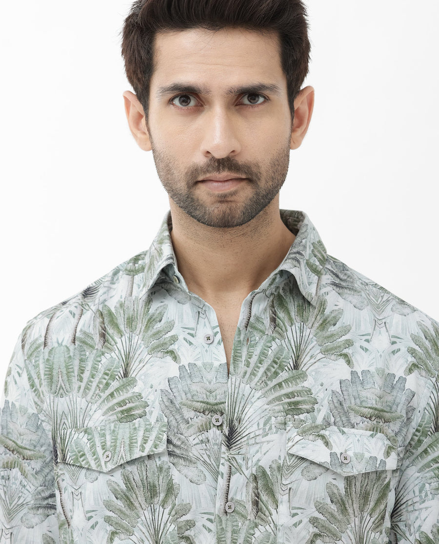 Rare Rabbit Men's Areno Light Green Viscose Tropical Print Boxy Fit Half Sleeve Collared Shirt