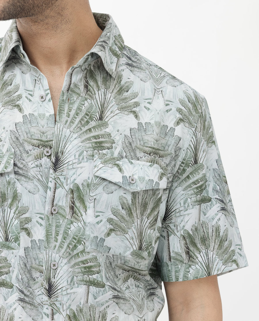 Rare Rabbit Men's Areno Light Green Viscose Tropical Print Boxy Fit Half Sleeve Collared Shirt