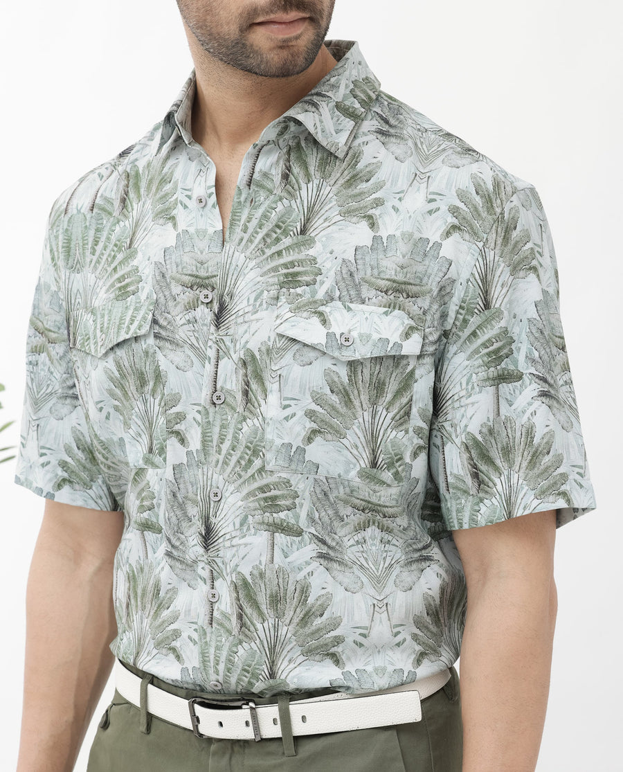 Rare Rabbit Men's Areno Light Green Viscose Tropical Print Boxy Fit Half Sleeve Collared Shirt