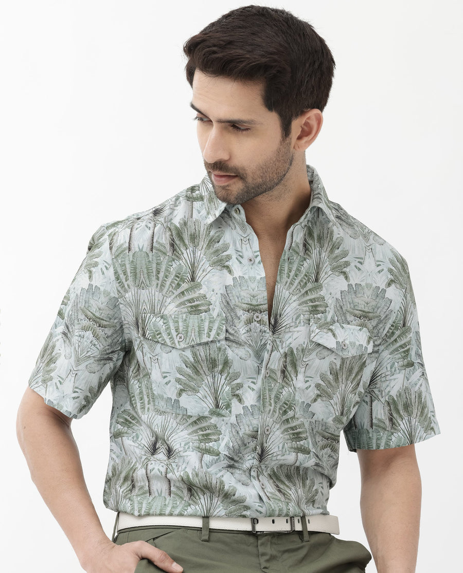 Rare Rabbit Men's Areno Light Green Viscose Tropical Print Boxy Fit Half Sleeve Collared Shirt