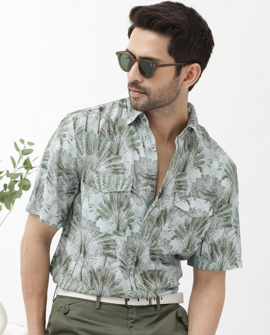 Rare Rabbit Men's Areno Light Green Viscose Tropical Print Boxy Fit Half Sleeve Collared Shirt