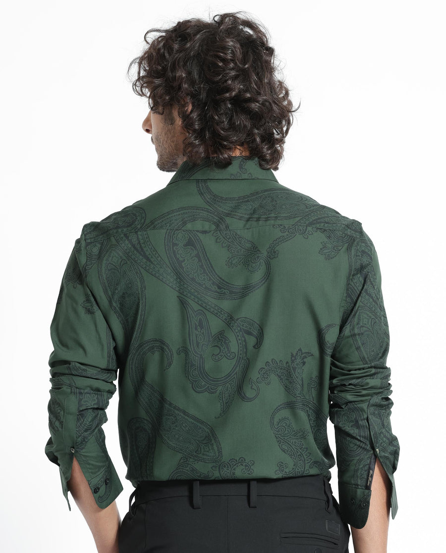 Rare Rabbit Men's Ares Green Viscose Paisley Print Regular Fit Full Sleeve Collared Shirt