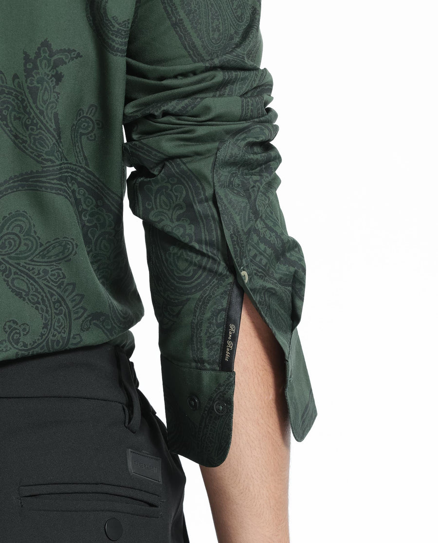Rare Rabbit Men's Ares Green Viscose Paisley Print Regular Fit Full Sleeve Collared Shirt