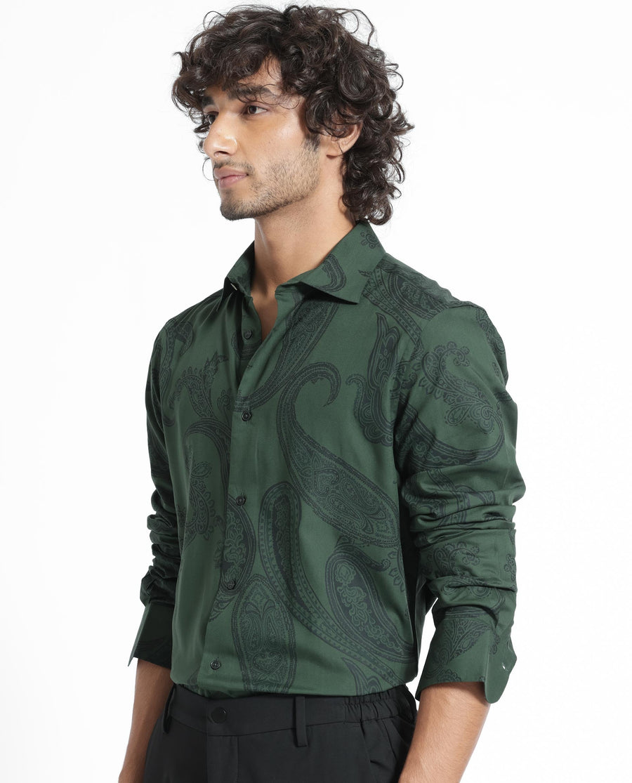 Rare Rabbit Men's Ares Green Viscose Paisley Print Regular Fit Full Sleeve Collared Shirt