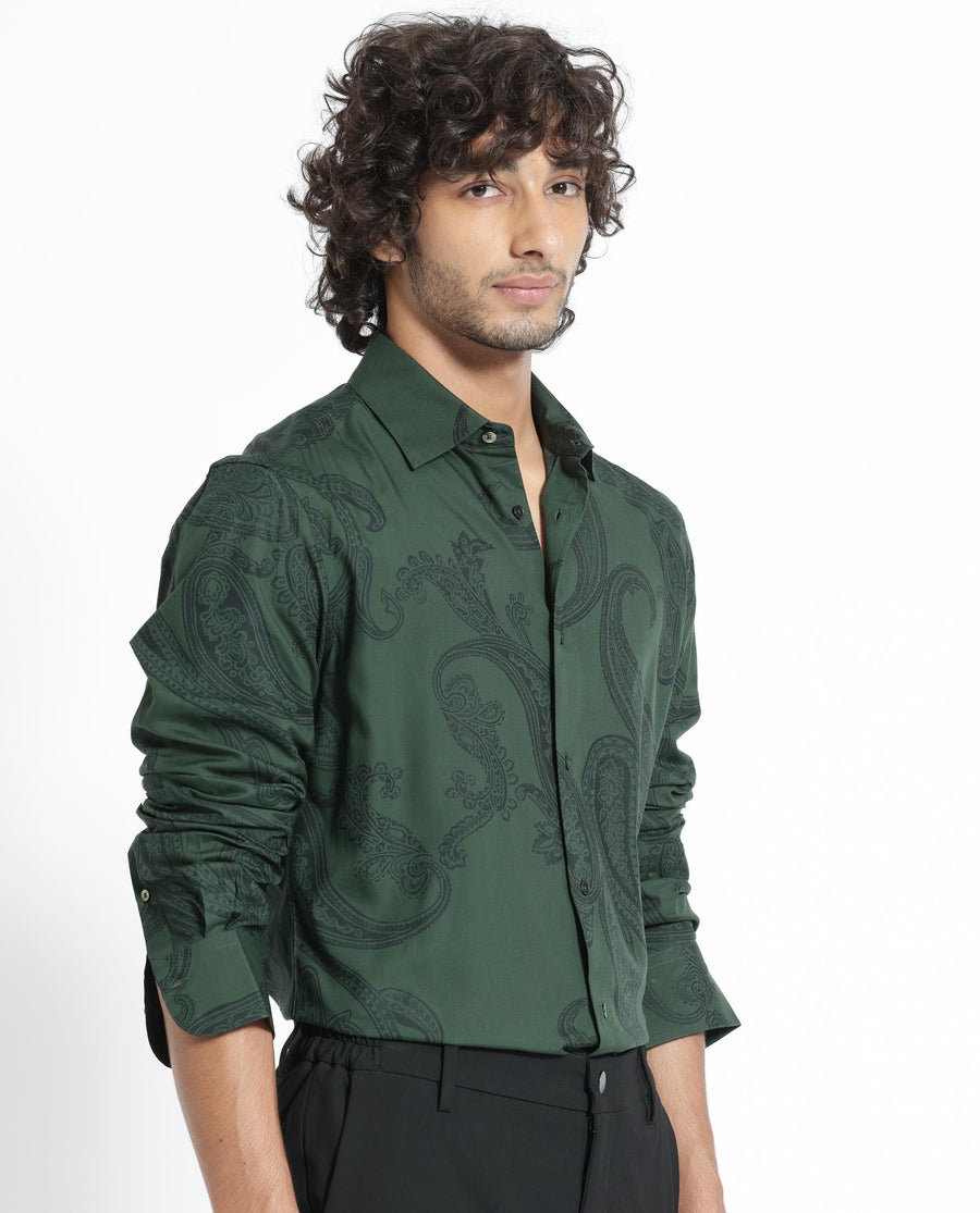 Rare Rabbit Men's Ares Green Viscose Paisley Print Regular Fit Full Sleeve Collared Shirt