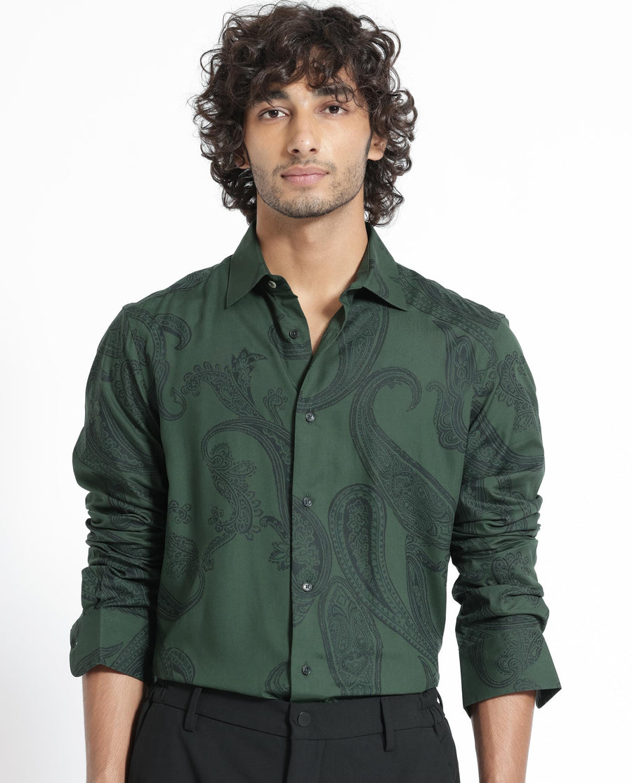 Rare Rabbit Men's Ares Green Viscose Paisley Print Regular Fit Full Sleeve Collared Shirt
