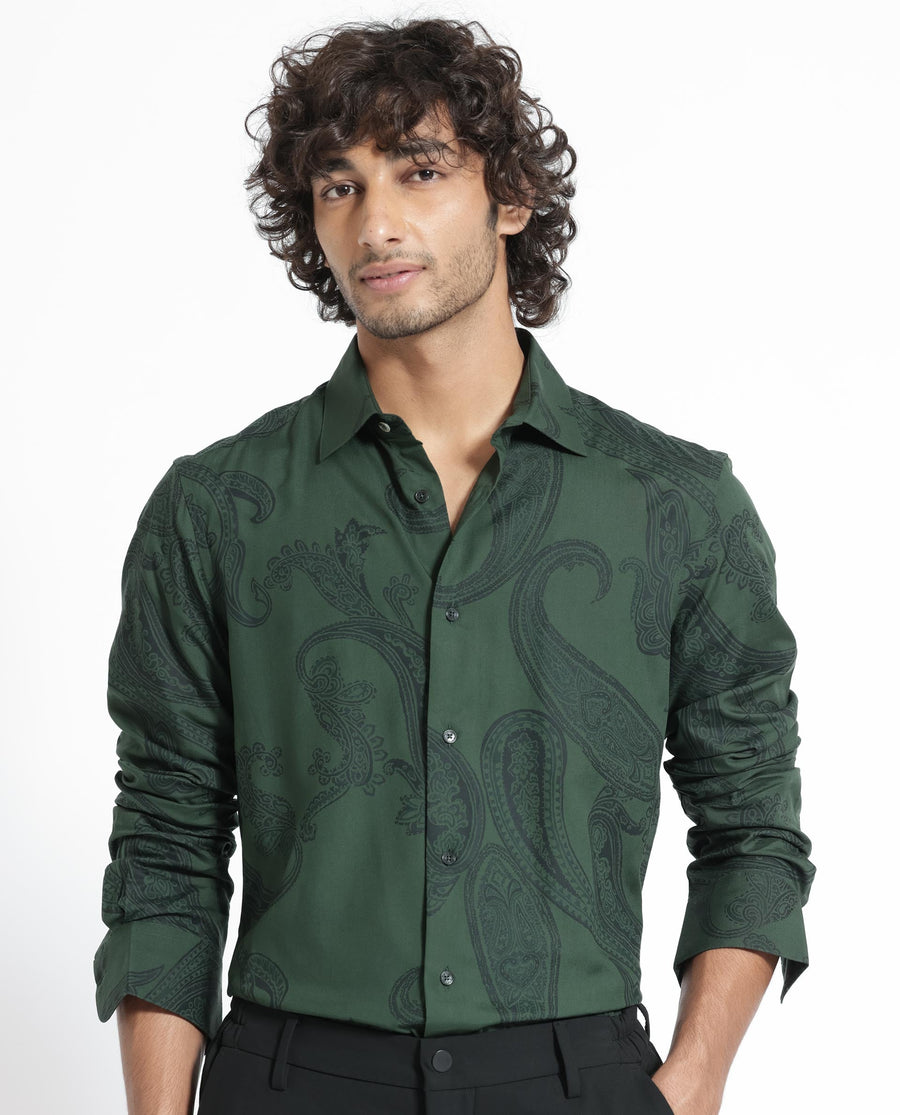 Rare Rabbit Men's Ares Green Viscose Paisley Print Regular Fit Full Sleeve Collared Shirt