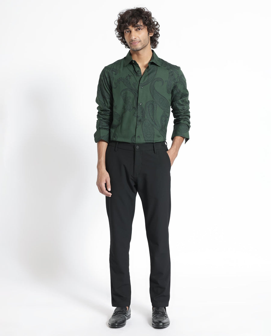 Rare Rabbit Men's Ares Green Viscose Paisley Print Regular Fit Full Sleeve Collared Shirt
