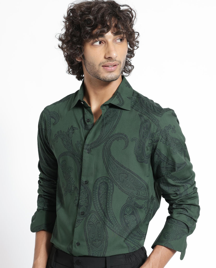 Rare Rabbit Men's Ares Green Viscose Paisley Print Regular Fit Full Sleeve Collared Shirt