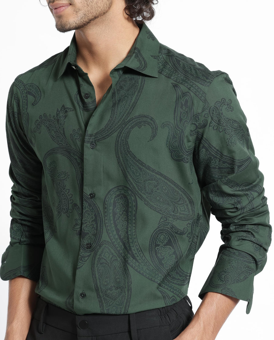Rare Rabbit Men's Ares Green Viscose Paisley Print Regular Fit Full Sleeve Collared Shirt