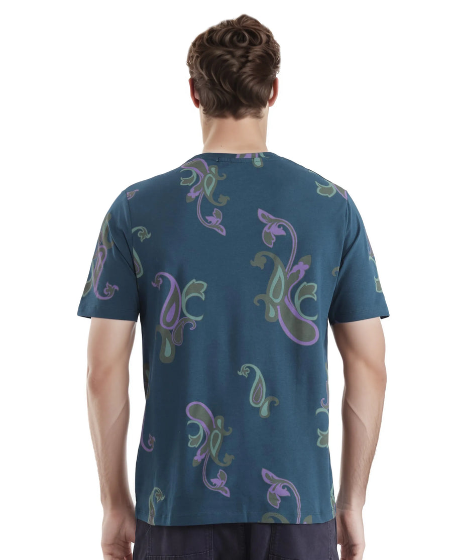 Rare Rabbit Men's Argus-1 Petrol Cotton Blend Paisley Print Regular Fit Half Sleeve Crew Neck T-Shirt