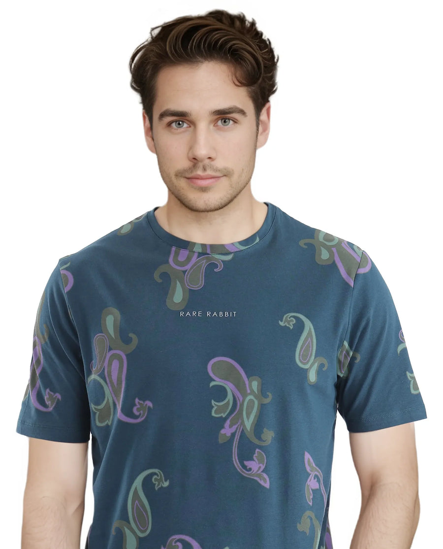 Rare Rabbit Men's Argus-1 Petrol Cotton Blend Paisley Print Regular Fit Half Sleeve Crew Neck T-Shirt