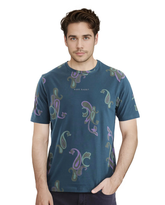 Rare Rabbit Men's Argus-1 Petrol Cotton Blend Paisley Print Regular Fit Half Sleeve Crew Neck T-Shirt